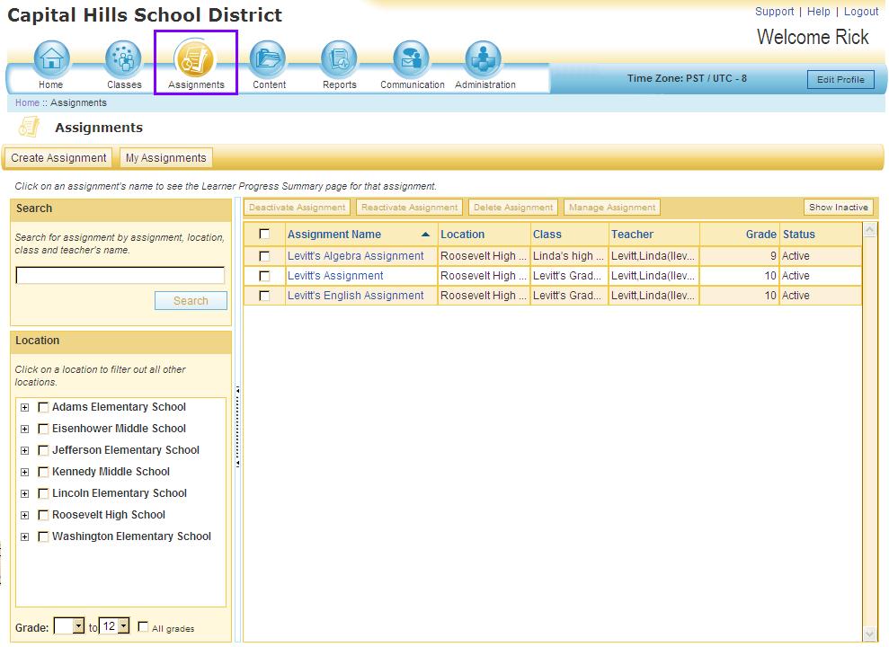 3.10 Account Administrator View If you are logged in as an administrator, the Assignments mini-app takes you to the Assignments page for administrators.