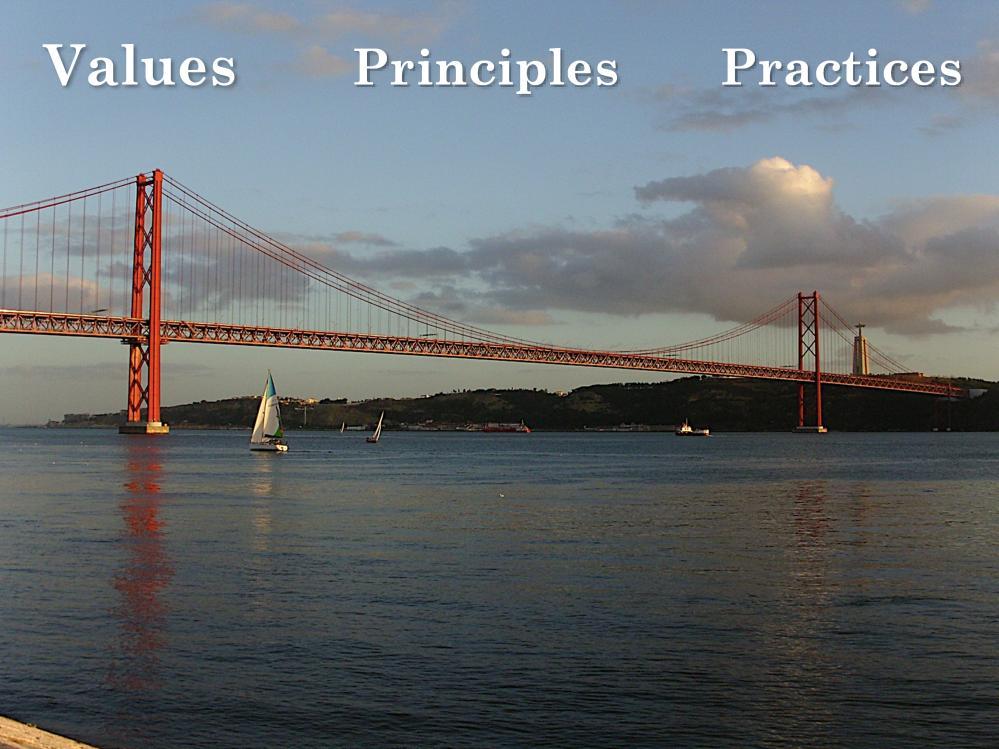 Values - Abstract, distinct ideals. For example XP s values are; courage, communication, feedback, respect and simplicity (Extreme Programming Explained, edition 2 added respect).