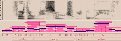 Figure 1-2: On top, a speech spectrogram; in the middle, a segment-graph; on the bottom, the reference phonetic and word transcriptions.