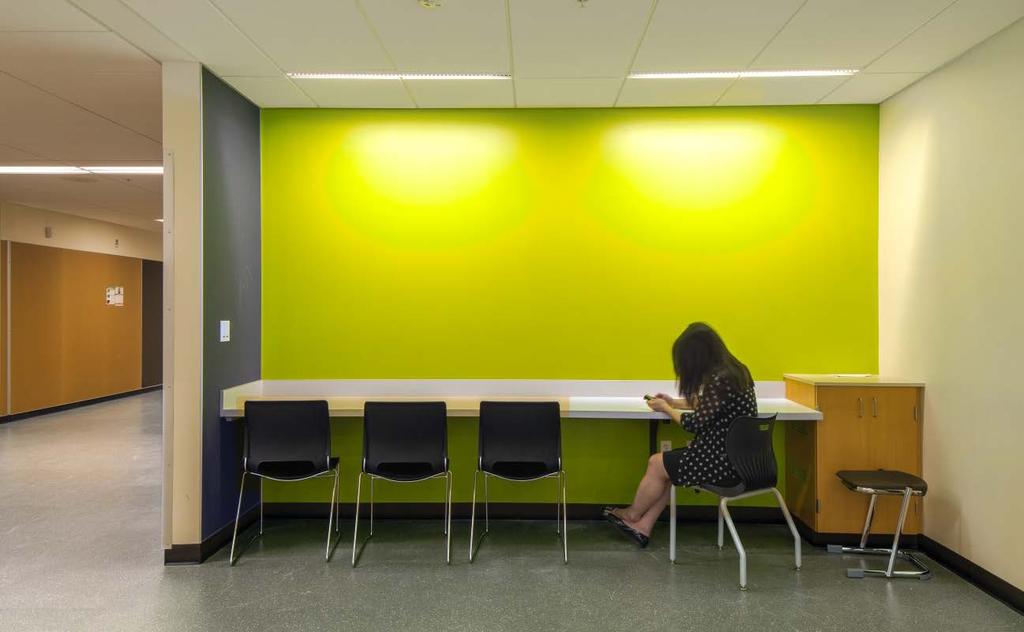 Photo Caption Physical Environment: A sophisticated finish palette and furnishings were selected to professionalize the learning environment and provide a learning continuum from high school to