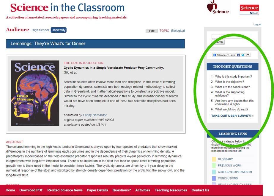 Thought Questions Thought Questions are located above the Learning Lens in the right sidebar of each resource.