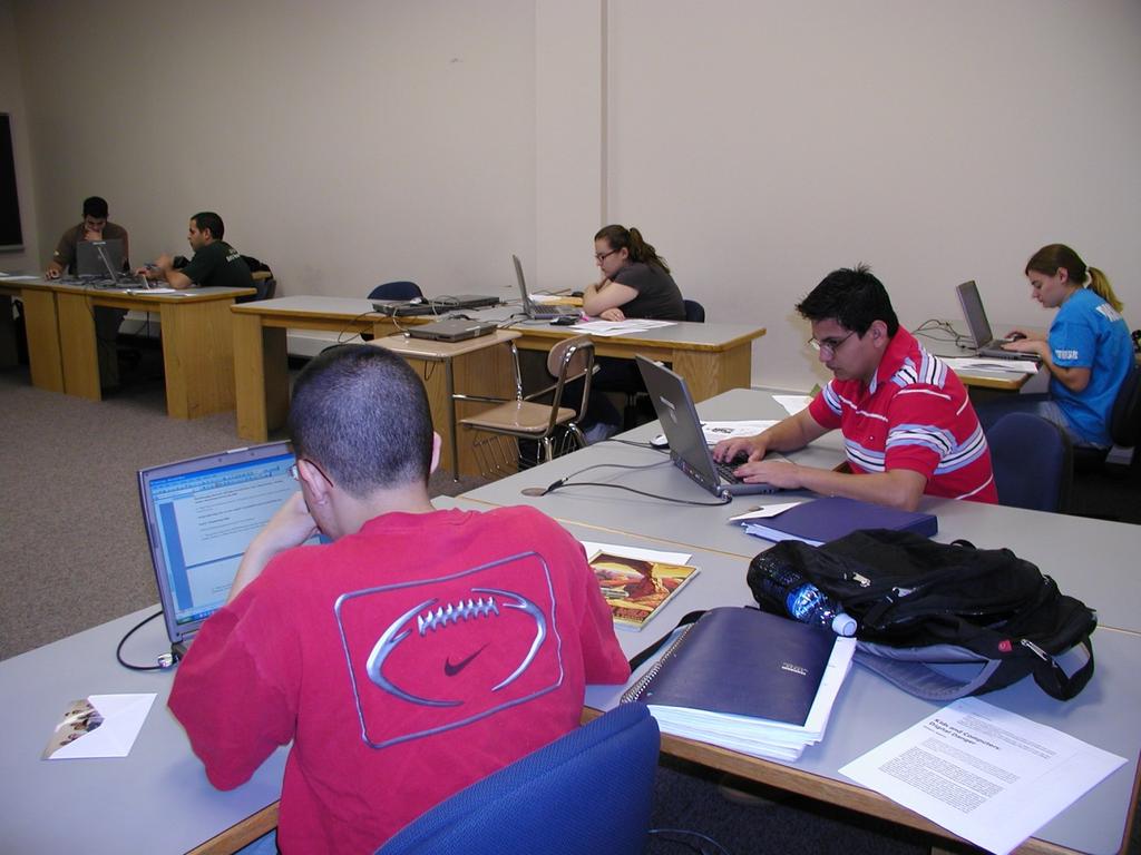 Students using networked computers for