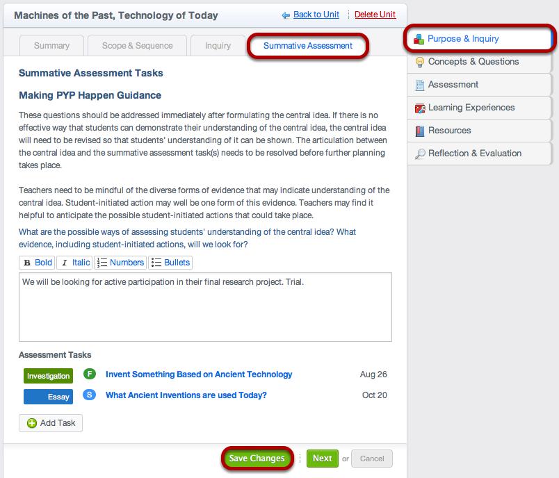 Under the Summative Assessment tab, you can view the summative assessment tasks planned