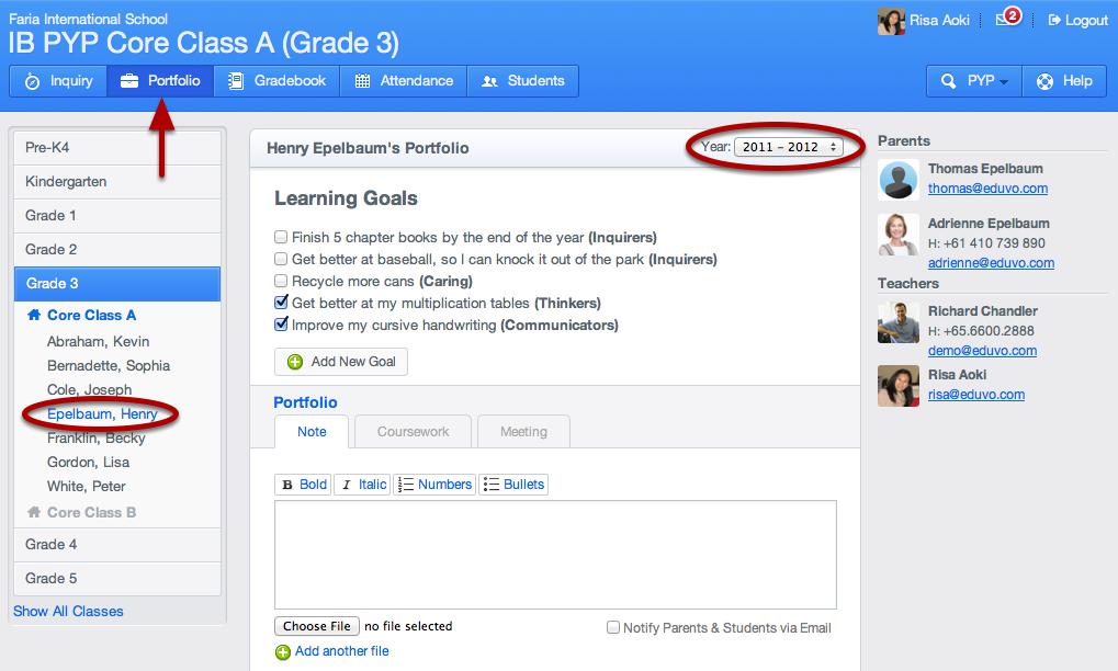 Accessing Student Portfolios Via Classes > Portfolios The Portfolio tab allows you to see the Learning Goals, Notes, pieces of Coursework, and Meeting notes for a student.