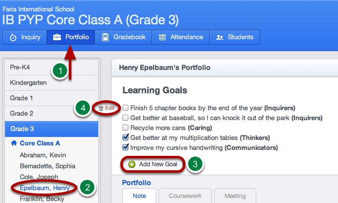 Reviewing Student Learning Goals & Reflections Via Classes > Portfolios > Goals & Reflections At the top of each student's Portfolio, students can set their learning goals by
