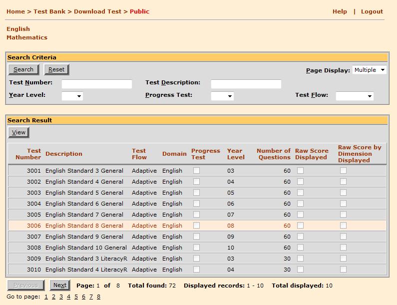 Figure 2.6 Test Search Results list with both Linear & Adaptive tests. 2.3 