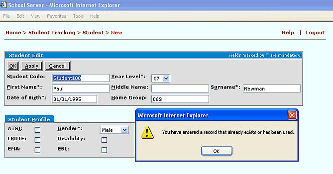 Figure 3.13 Student Edit screen with error message 3.4.2 Un-Deleting Students 1.