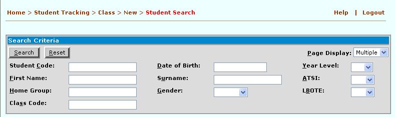 To add a student to the class, click on the [ADD] button to display the Student Search Criteria screen (see Figure 3.30). Figure 3.30 The Student Search screen. 2.
