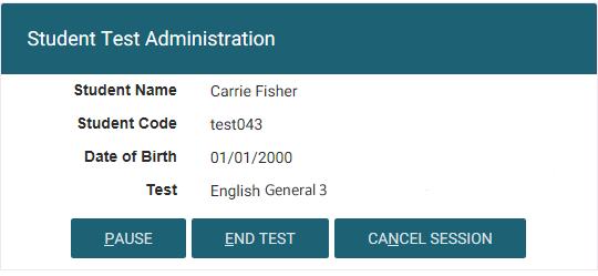 [Cancel Session] will end the session but will NOT save any of the responses that the student has completed. Students can login to the same test at a later date using the same session key. Figure 3.