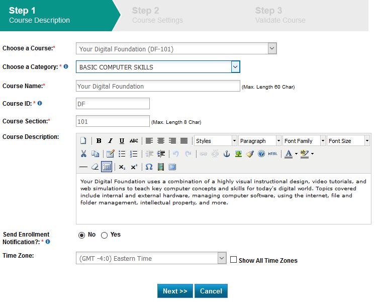 Choose the second option in the Create Course/Evaluation window and click Submit. Step 1: Course Description - Fill in the form as appropriate and click Next.