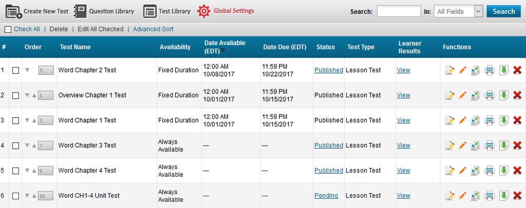 from a larger course tests table. Notice the Status column. Pending tests will not appear in learners test tables.