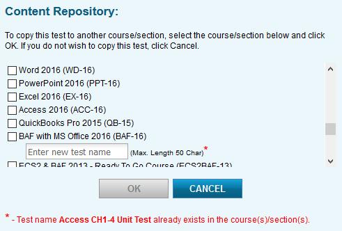 This window appeared as the instructor created a new Lesson 8 test. The content repository window will appear whenever you create a new test or assignment from scratch.