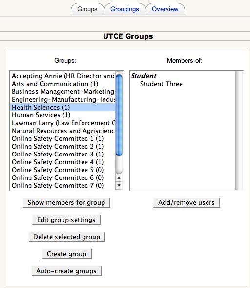 Assign students to the groups for each of the groupings defined in the course. 1. Click on the Groups tab. You will see a listing of the groups developed for the course.