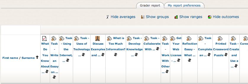 Input grades for a specific task 1. Click on Grades in the Administration block to view and enter grades into the gradebook for tasks submitted by students.