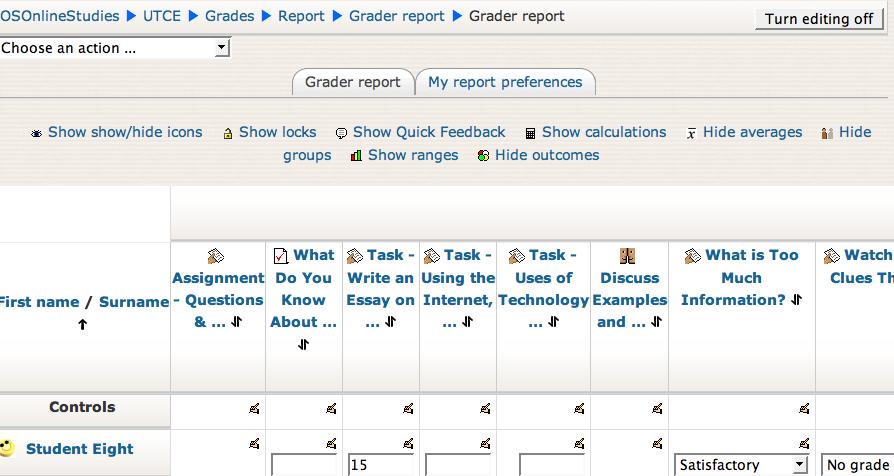 View, Input, and Modify Grades Directly on the Grader Report Screen 1. Click Turn editing on. 2.