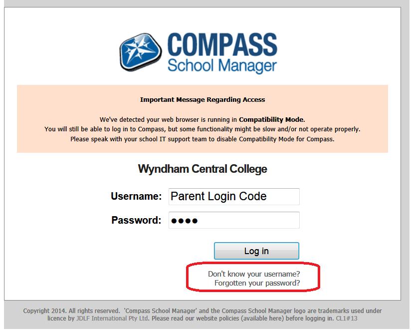 Parent will be transferred to the Compass Website and the screen below