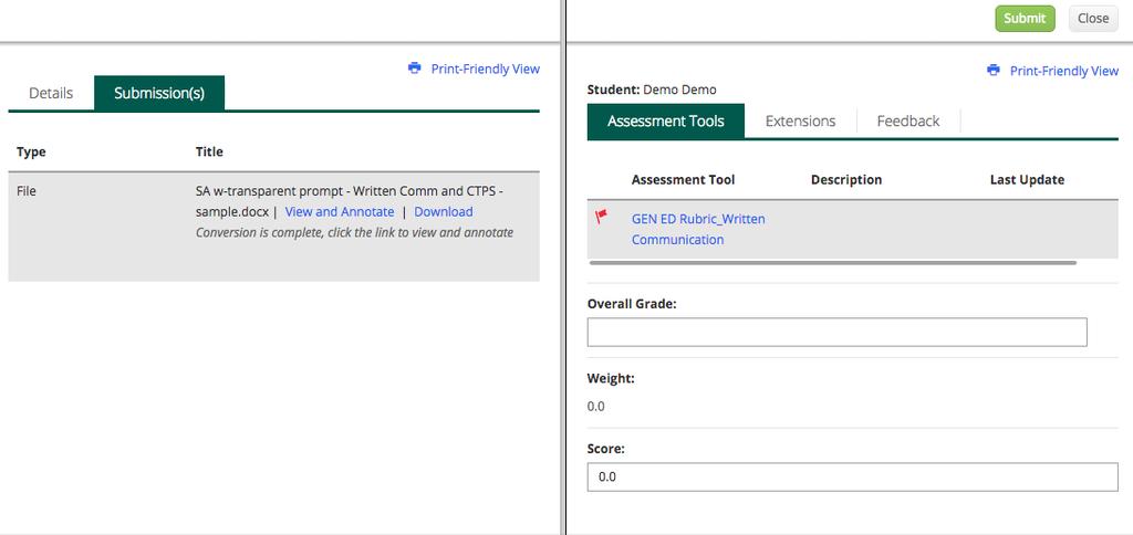 6. After you click on the student s name to open the assignment, you will be presented with a split screen view.