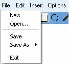 FILE MENU New Clear the Whiteboard and start a new project. Open Open a saved Whiteboard project. Whiteboard projects include the background image and the annotations.