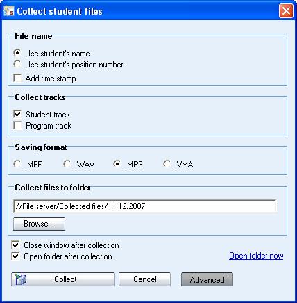 ADVANCED FILE COLLECTION OPTIONS Click the Advanced button in the Collect student files window to open a window with additional settings for file collection.