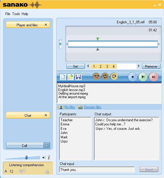 Player File functions Chat window SANAKO Study 1200 Student interface with the Media Player and Chat windows Below, you will find short presentations of the components of the Study 1200 student