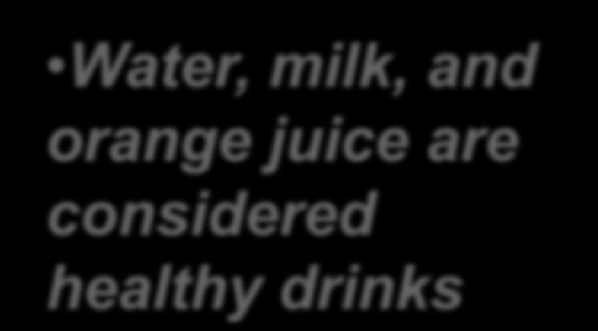 Water, milk, and orange juice are