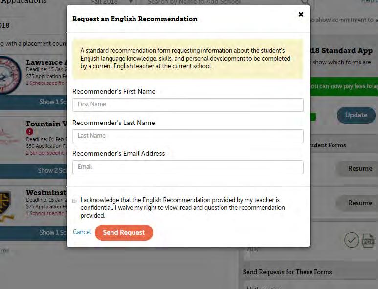 Teacher Recommendation Request Request a Recommendation Provide the name and contact information for the person who will write the recommendation.