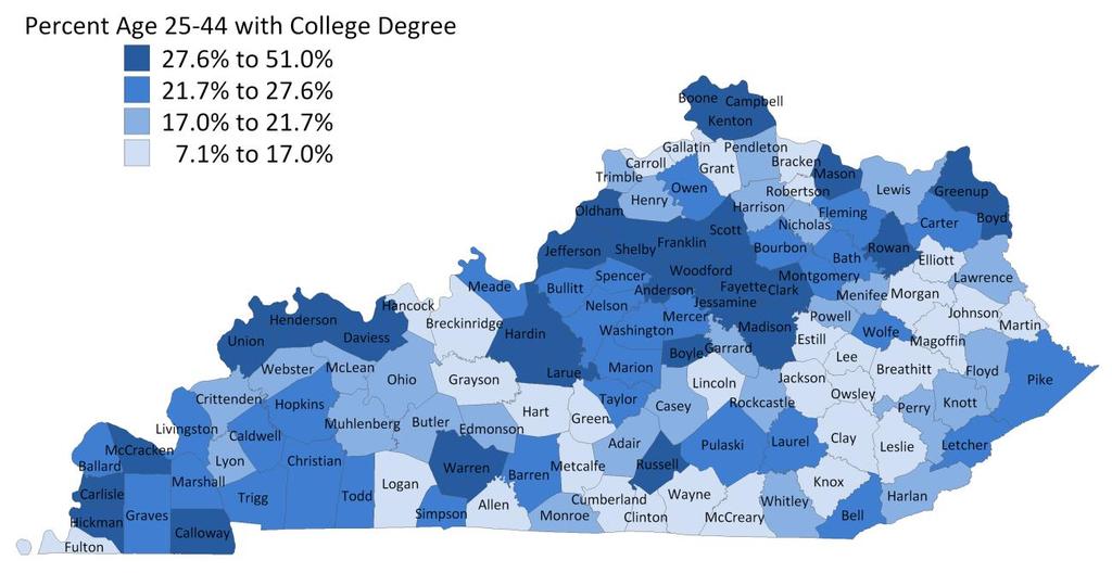 Figure 10. Percentage of Adults Aged 25 to 44 with Associate Degrees and Higher by County (2005-09) So
