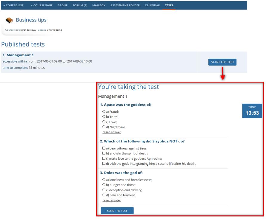 Tests Tests - are the tool that can be used by a lecturer to create tests and make them available at the course webpage.
