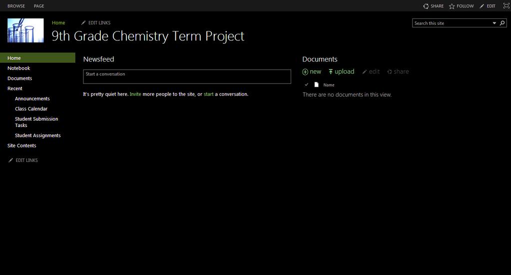 Next, he adds some apps that he and his students will use during their project. He adds a calendar, a document store for student assignment submissions, and a tasks planner.