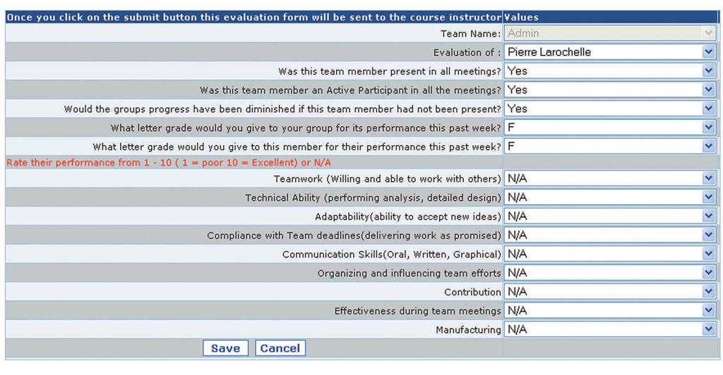 Figure 7: Panther Peer Evaluation Form The other performance criteria listed in Part 2 of the questionnaire in Table 1 are evaluated on a scale from 1 to 10; 1 = Very poor, 10 = Excellent, or Not