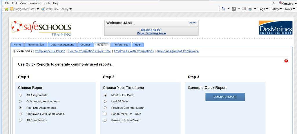 HOW TO RUN REPORTS Click on the Reports Tab along the top of the page. The Quick Reports Section will be showing.