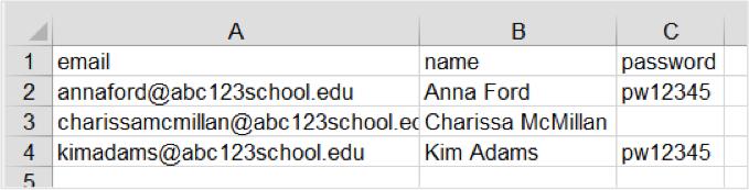 Adding Students and Instructors c. Add each student s (instructor s) information below the headers (top row). Leave the password fields blank if you are using real email addresses.
