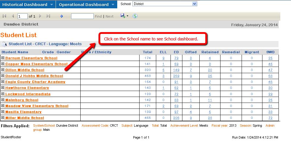 specified assessment by clicking on School name.