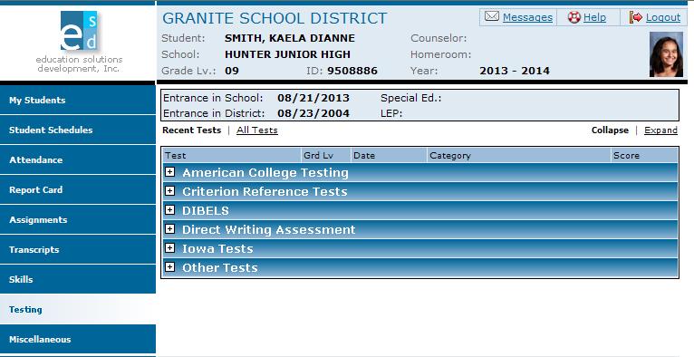 Standardized Test Scores: Click the Testing menu option.