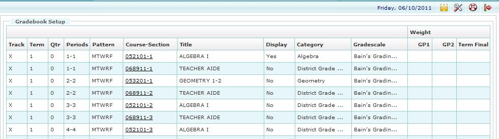 Gradebook Setup The Gradebook setup is used to align a Grade Scale and a Category group to a class Secondary View 1. On the Information Bar, click Settings icon, from dropdown, click Gradebook Setup.