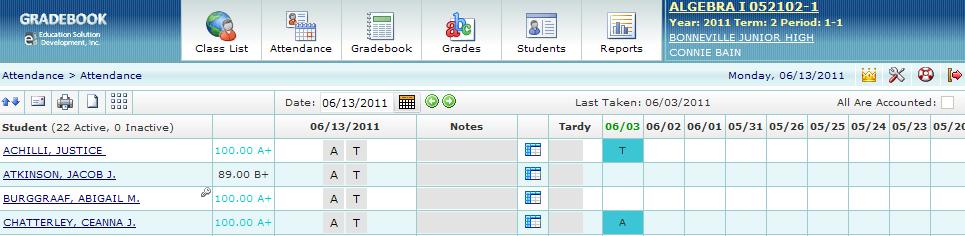 Attendance icon. Click T (Tardy) or A (Absent) by students. If all students are present, select All Are Accounted For checkbox.