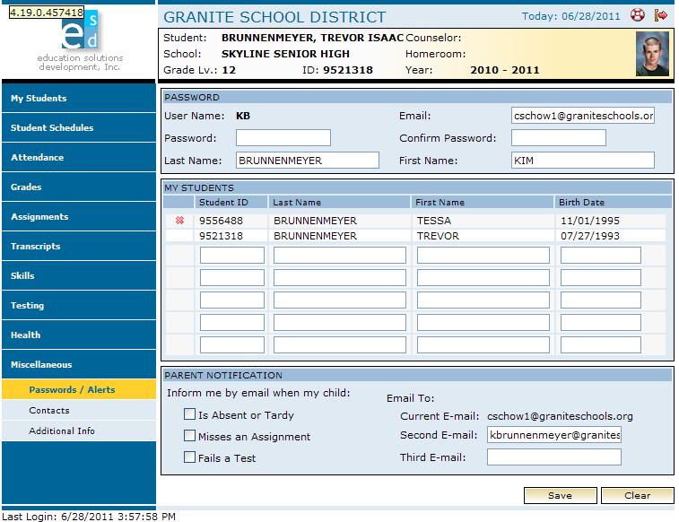 Contacts displays the student s address and phone number at the top of the screen. Addresses and phone numbers for parents, guardians, and emergency contacts are displayed below.