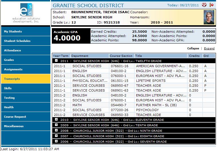 Transcript Information for Each School Year Enrolled: Click the Transcripts menu option. The Portal displays a list of classes, including credits and grades received.