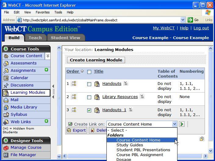 3. Modify the Content Module/Learning Module settings. a. Click Learning Modules. b. Select the Learning Module you just imported by placing a check mark in the box: c.