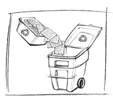 The student places the used piece of notebook paper. piece of notebook paper. paper in the recycling bin. 4. The classroom bin is emptied 5. The roll cart is placed out- 6.