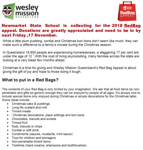 Newmarket State School is collecting for the 2018 RedBag Appeal.