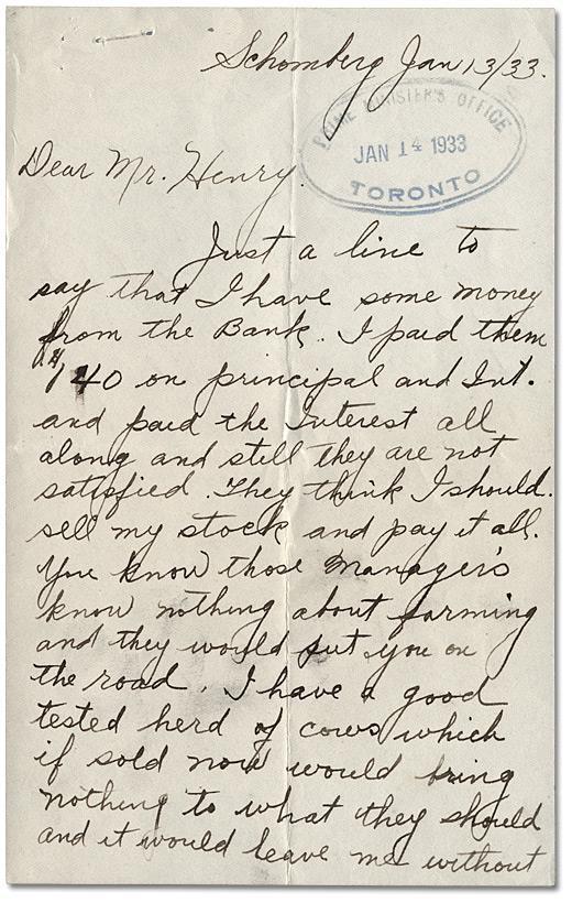 Primary Source 1: Letter: Schomburg, Ontario January 1933 Letter to the Premier, January 13, 1933 Premier George S.