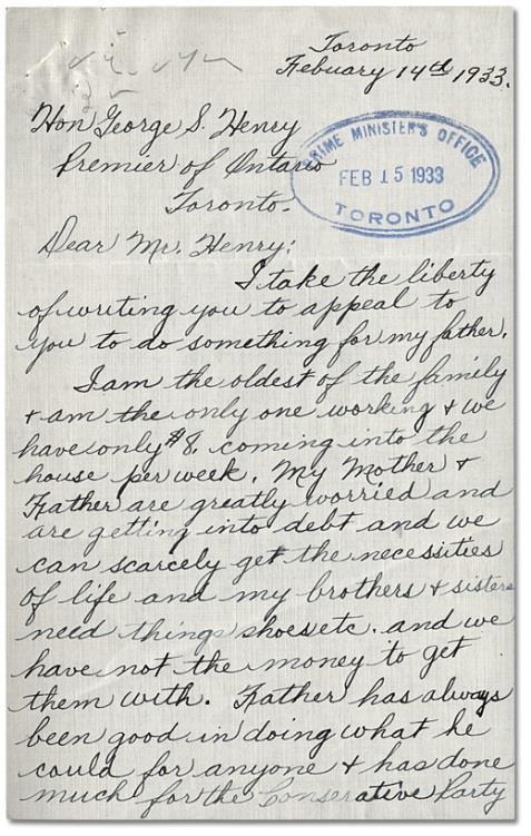 Primary Source 3: Letter: Toronto, Ontario February 1933 Letter to the Premier, February 14, 1933, Premier George S.
