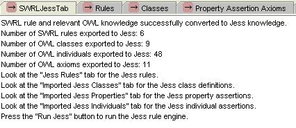 It is possible to transfer SWRL rules and relevant OWL knowledge to Jess by pressing OWL+SWRL- >Jess button (see Fig. 1, left button below).