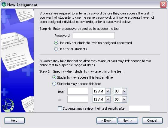 8. Follow the steps to set the remaining options (i.e., password, test date, time limit, question order, student feedback, and reports) for the online test.