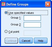 Published with written permission from SPSS Inc, an IBM company. 4. Enter "1" into the "Group 1:" box and enter "2" into the "Group 2:" box.