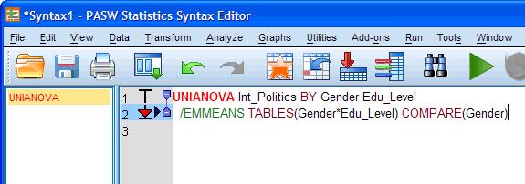 3. Type text into the syntax editor so that you end up with the following (the colours are automatically added): [Depending on the version of SPSS you are using you might have suggestion boxes appear