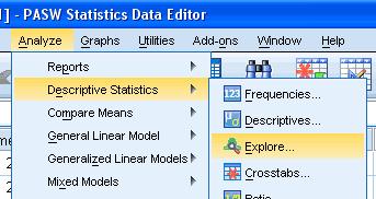 [Your file is now split and the output from any tests will be organized into the groups you have selected.] 4. Click Analyze > Descriptive Statistics > Explore.