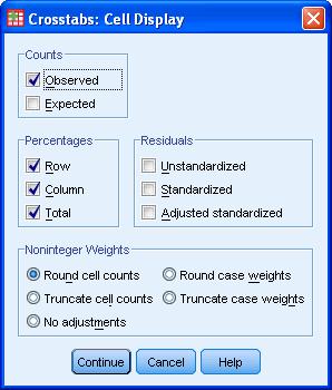 Select "Observed" from the "Counts" area and "Row", "Column" and "Total"
