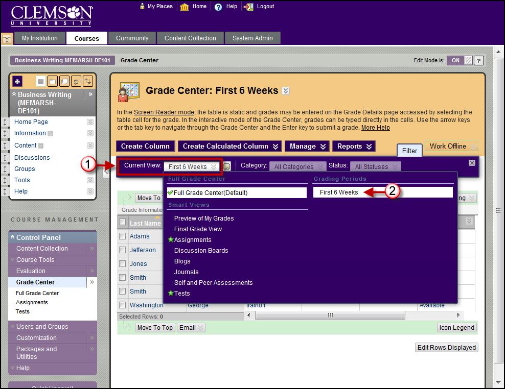 4. Click a Grading Period to set it as your new default view of the Grade Center.